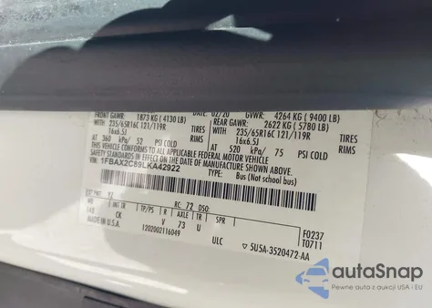 2020 Ford Transit-350 Passenger Van Xlt z USA, uszkodzony, nr VIN 1FBAX2C89LKA42922